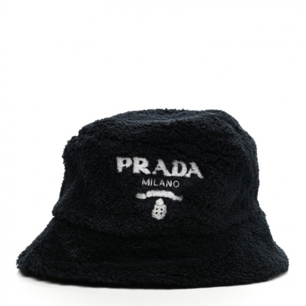 New PRADA Terry Cloth Logo Embroidered Womens Bucket Hat S Black White